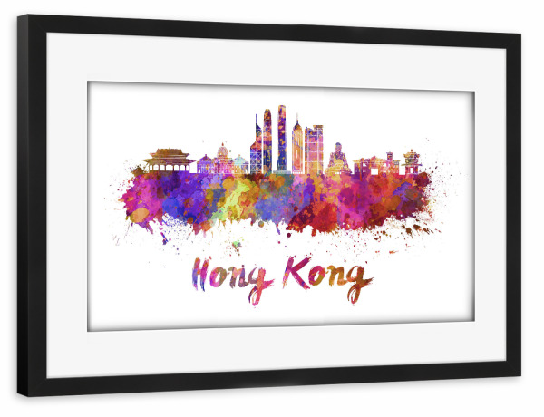Poster mit Rahmen schwarz "HONG KONG skyline in watercolor-d" artboxONE - Städte,Abstrakt,Architektur