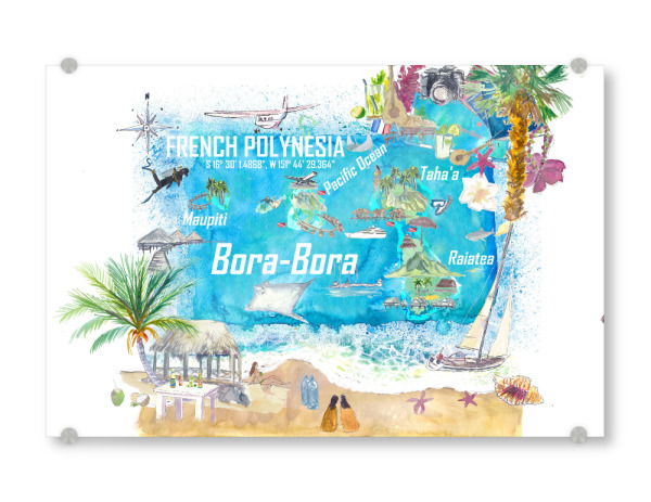 Acrylglasbild "Bora Bora Illustrated Travel Map" artboxONE - Reise,Reise / Strand und Meer,Kartografie