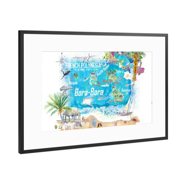Poster mit Rahmen Schwarz (Metallic) "Bora Bora Illustrated Travel Map" artboxONE - Reise,Reise / Strand und Meer,Kartografie