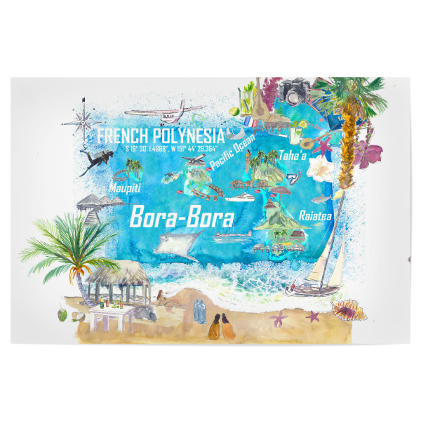 Poster 30x20 cm "Bora Bora Illustrated Travel Map" artboxONE - Reise,Reise / Strand und Meer,Kartografie