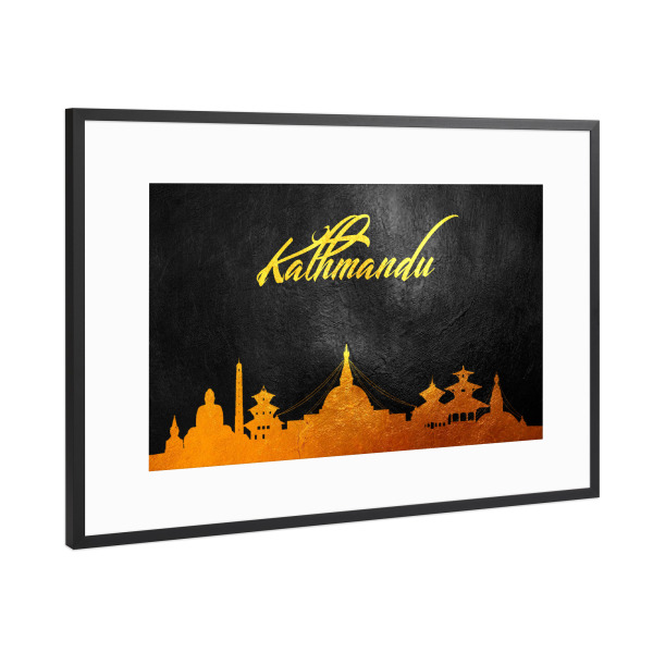 Poster mit Rahmen Schwarz (Metallic) "Kathmandu Nepal Gold Skyline" artboxONE - Städte - Kathmandu,Nepal,Gold,Skyline,City,Stadt