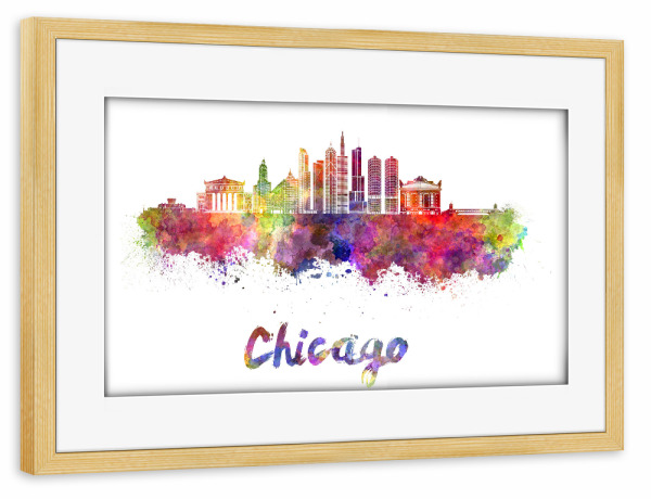 Poster mit Rahmen kiefer "CHICAGO skyline in watercolor-c" artboxONE - Städte,Reise,Abstrakt,Architektur