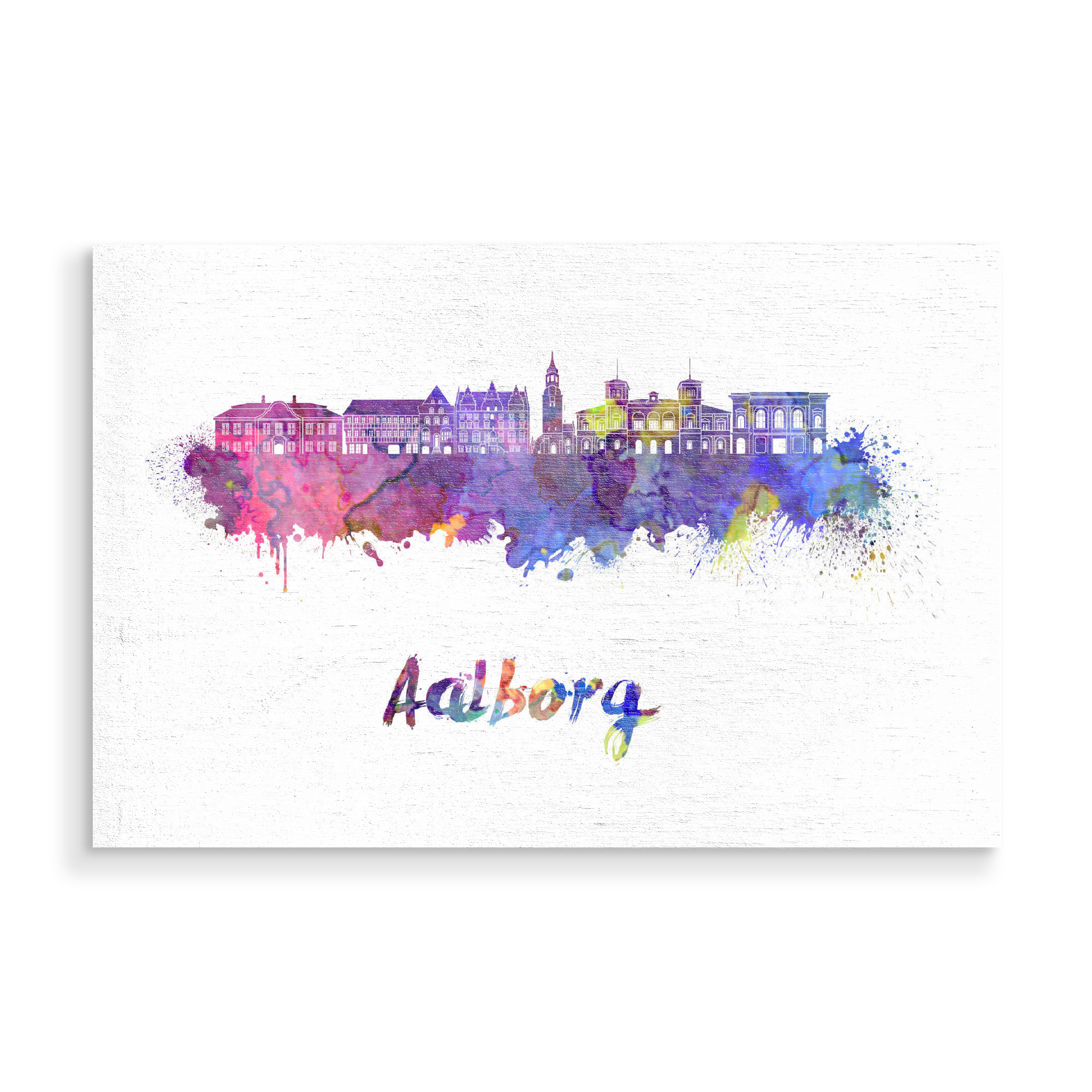 Holzbild "AALBORG skyline in watercolor-b" artboxONE - Städte,Reise - Skyline,Monuments,Travel,Tourism,Panoramic,City,Bunt,Colorful,Stadt