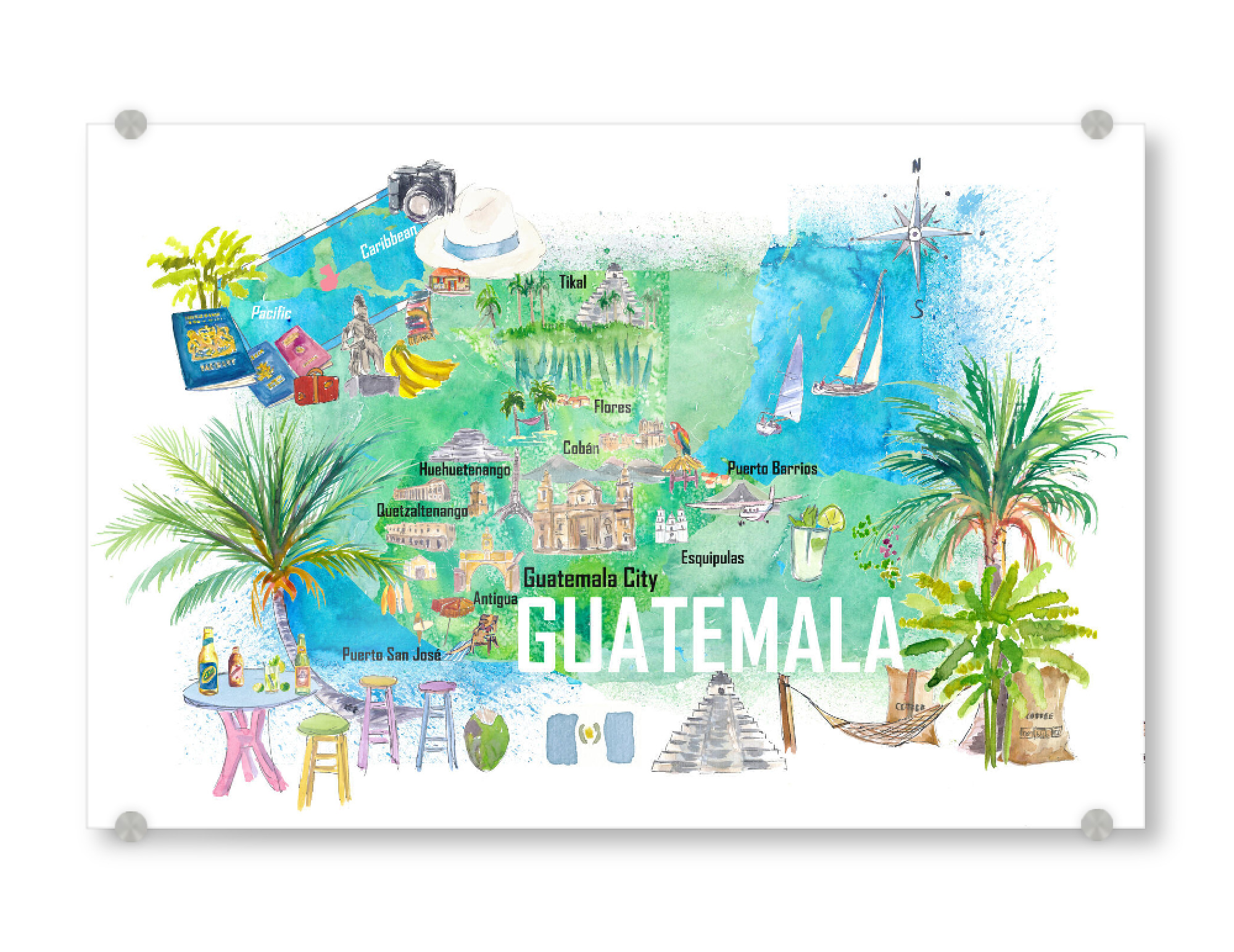 Acrylglasbild "Guatemala Illustrated Travel Map" artboxONE - Reise,Reise / Strand und Meer,Reise / Länder,Kartografie