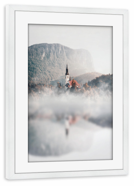 Poster mit Rahmen weiß "Morning fog" artboxONE - Natur,Reise - Bled,Kirche,See,Nebel,Fog,Mood,Slovenia,Lake,Slowenien,Natur,Nature,Reise,Travel,Church