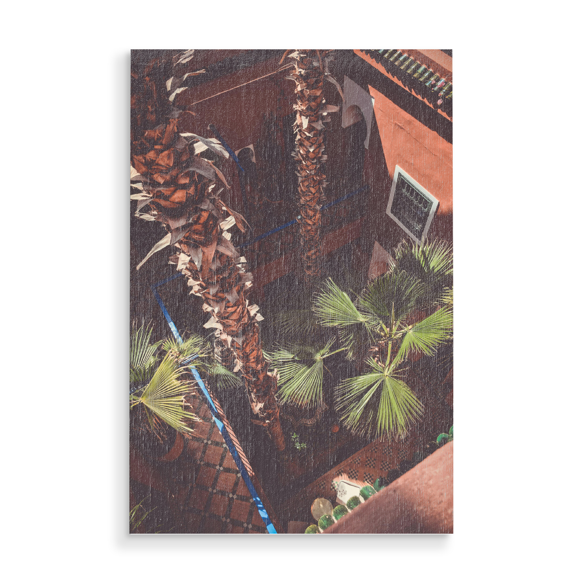 Holzbild "Maroccan Retreat" artboxONE - Architektur,Reise / Afrika - Marokko,Innenhof,Palmen,Marrakesh,Urlaub,Sonne,Sommer,Ruhe,Palmtrees,Natur,Nature