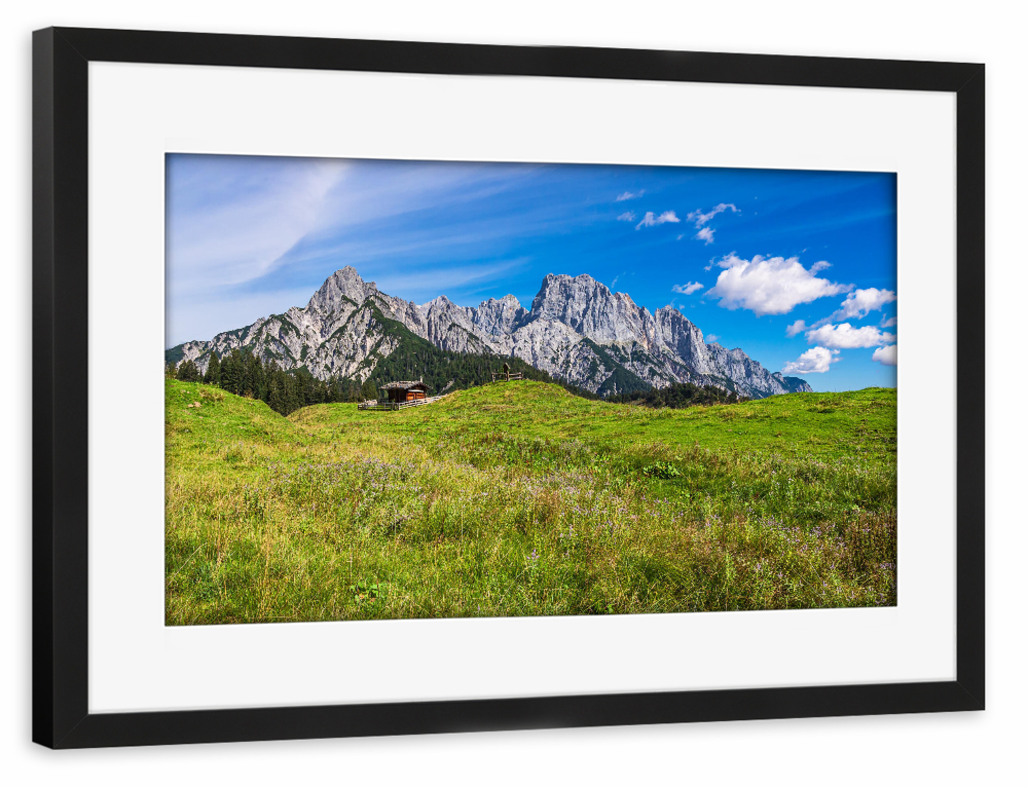Poster mit Rahmen schwarz "Gras, Hütte und Wilder Kaiser" artboxONE - Natur,Reise,Reise / Länder