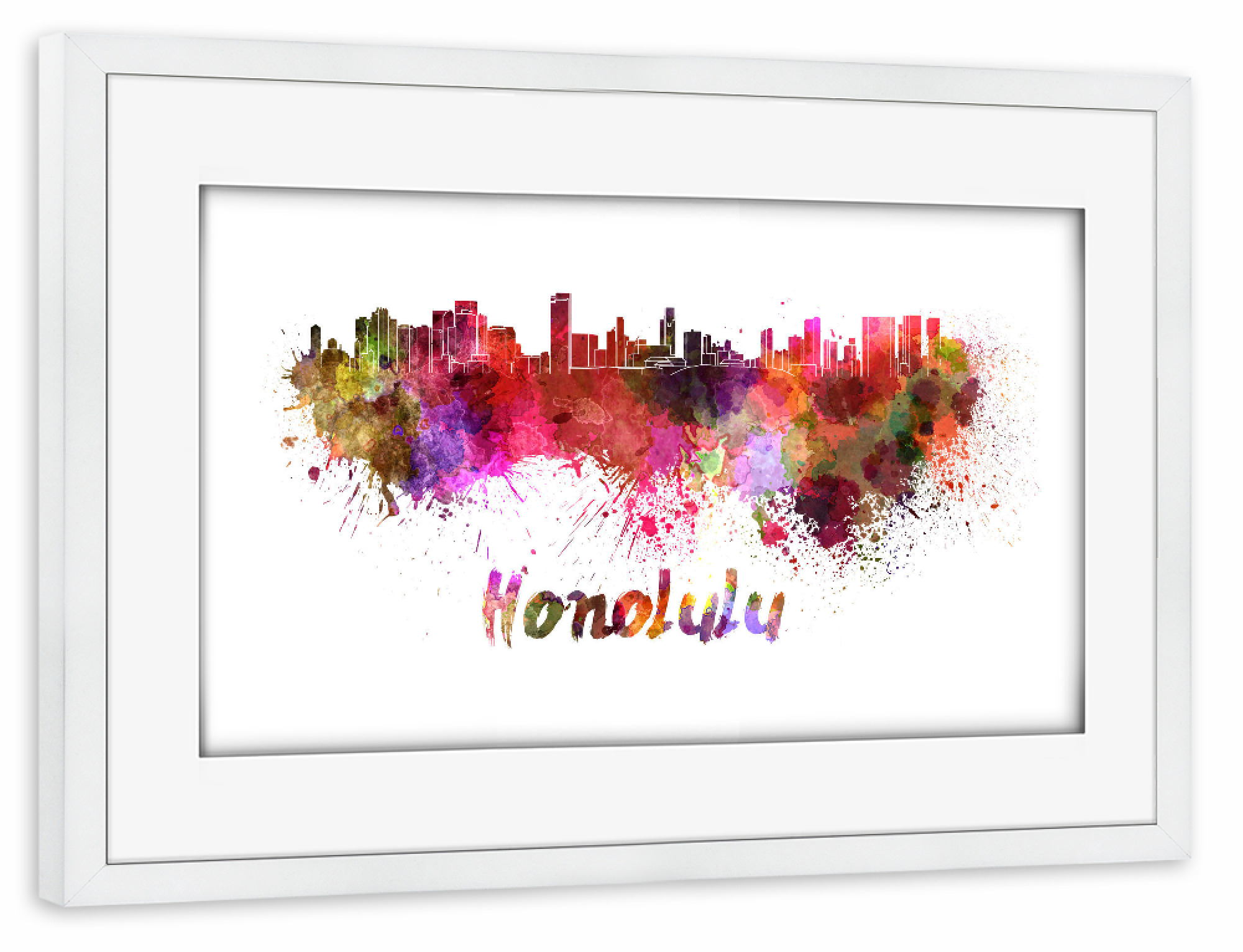 Poster mit Rahmen weiß "HONOLULU skyline in watercolor-b" artboxONE - Städte,Abstrakt,Architektur