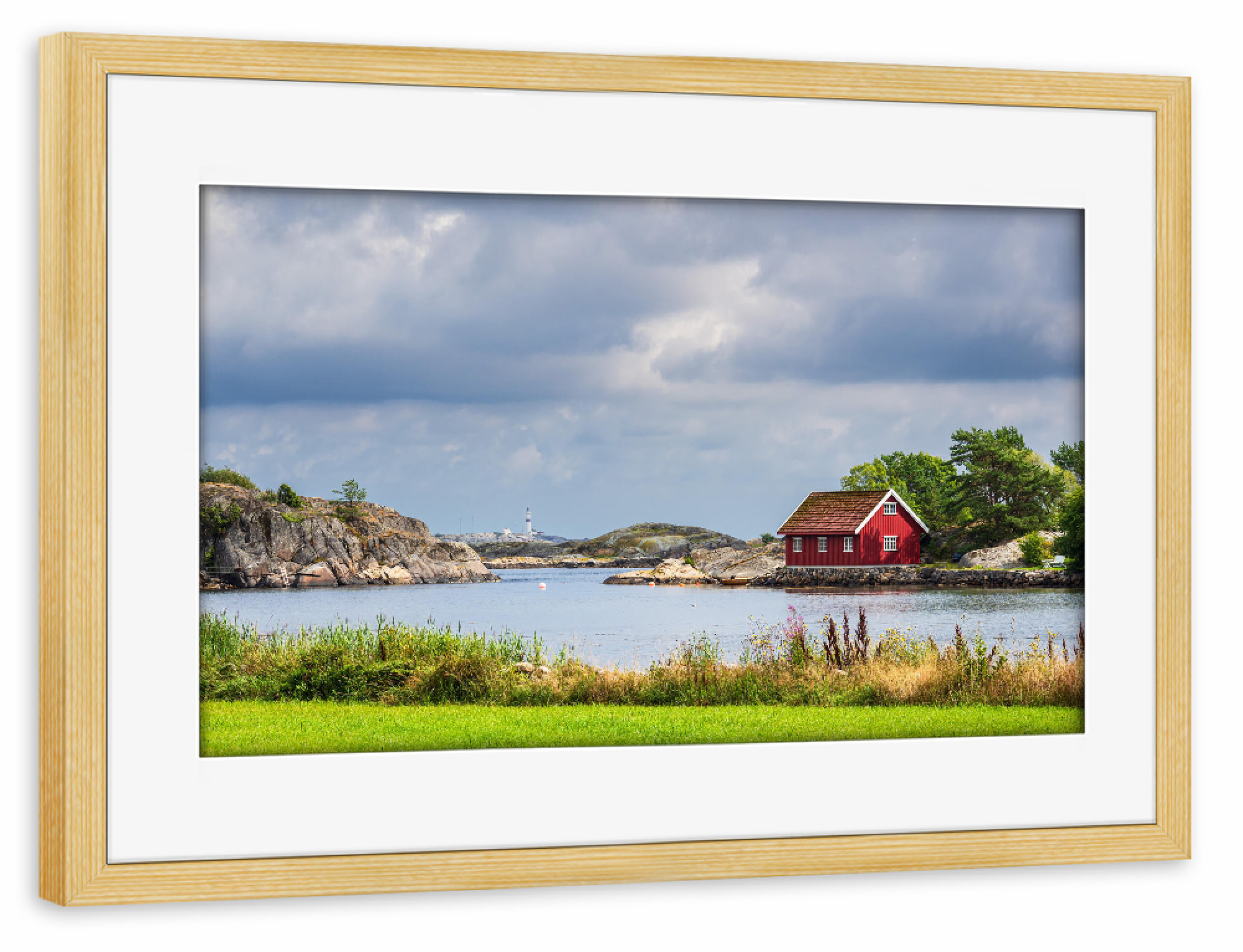 Poster mit Rahmen kiefer "Gras, Felsen, Haus und Meer" artboxONE - Natur,Reise,Architektur,Reise / Strand und Meer,Reise / Länder