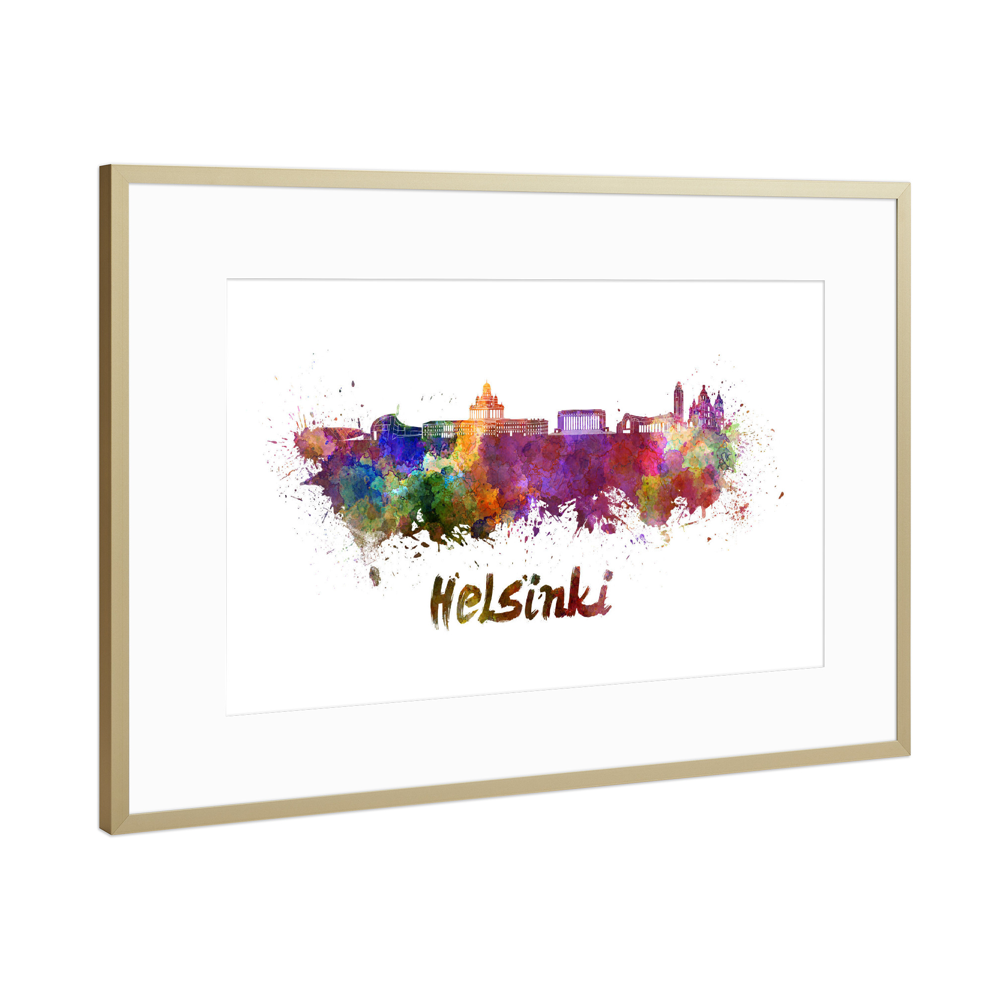 Poster mit Rahmen Gold "HELSINKI skyline in watercolor-b" artboxONE - Städte,Abstrakt,Architektur