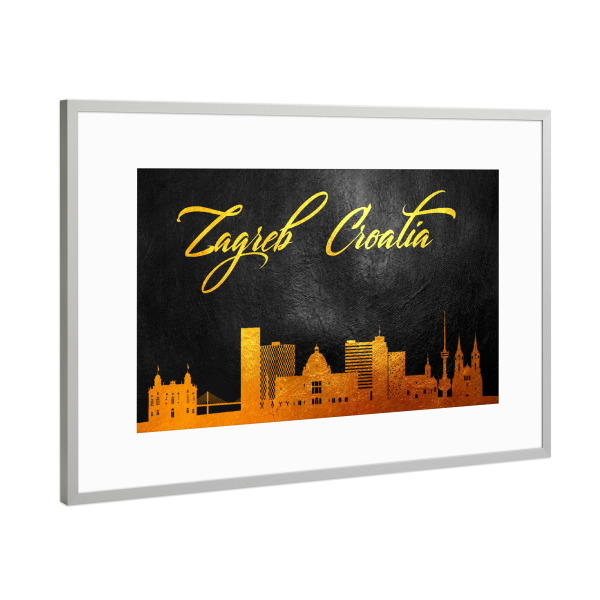 Poster mit Rahmen Silber "Zagreb Croatia Gold Skyline" artboxONE - Städte - Zagreb,Croatia,Gold,Skyline,City,Stadt,Kroatien