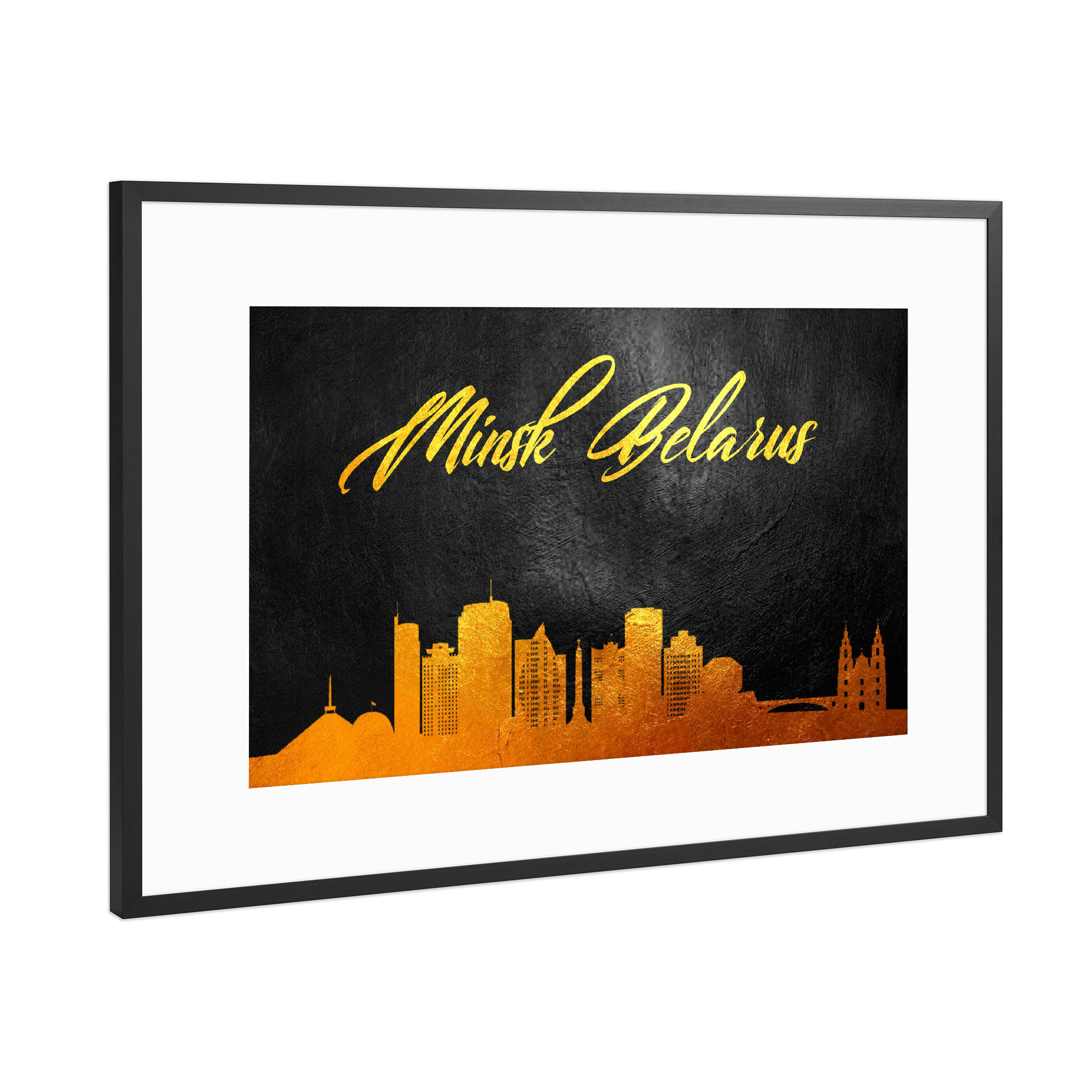 Poster mit Rahmen Schwarz (Metallic) "Minsk Belarus Gold Skyline" artboxONE - Städte - Minsk,Belarus,Gold,Skyline,City,Stadt
