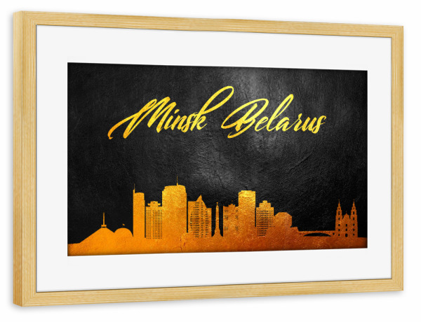 Poster mit Rahmen kiefer "Minsk Belarus Gold Skyline" artboxONE - Städte - Minsk,Belarus,Gold,Skyline,City,Stadt