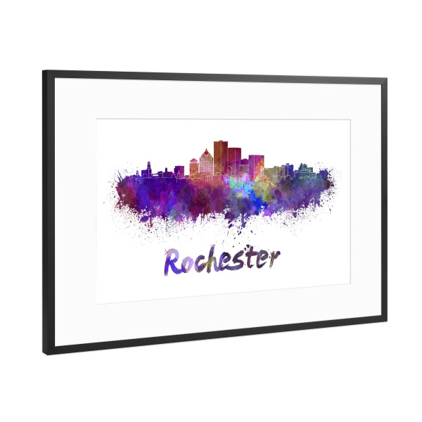 Poster mit Rahmen Schwarz (Metallic) "ROCHESTER NY skyline in watercolor" artboxONE - Städte,Abstrakt,Architektur