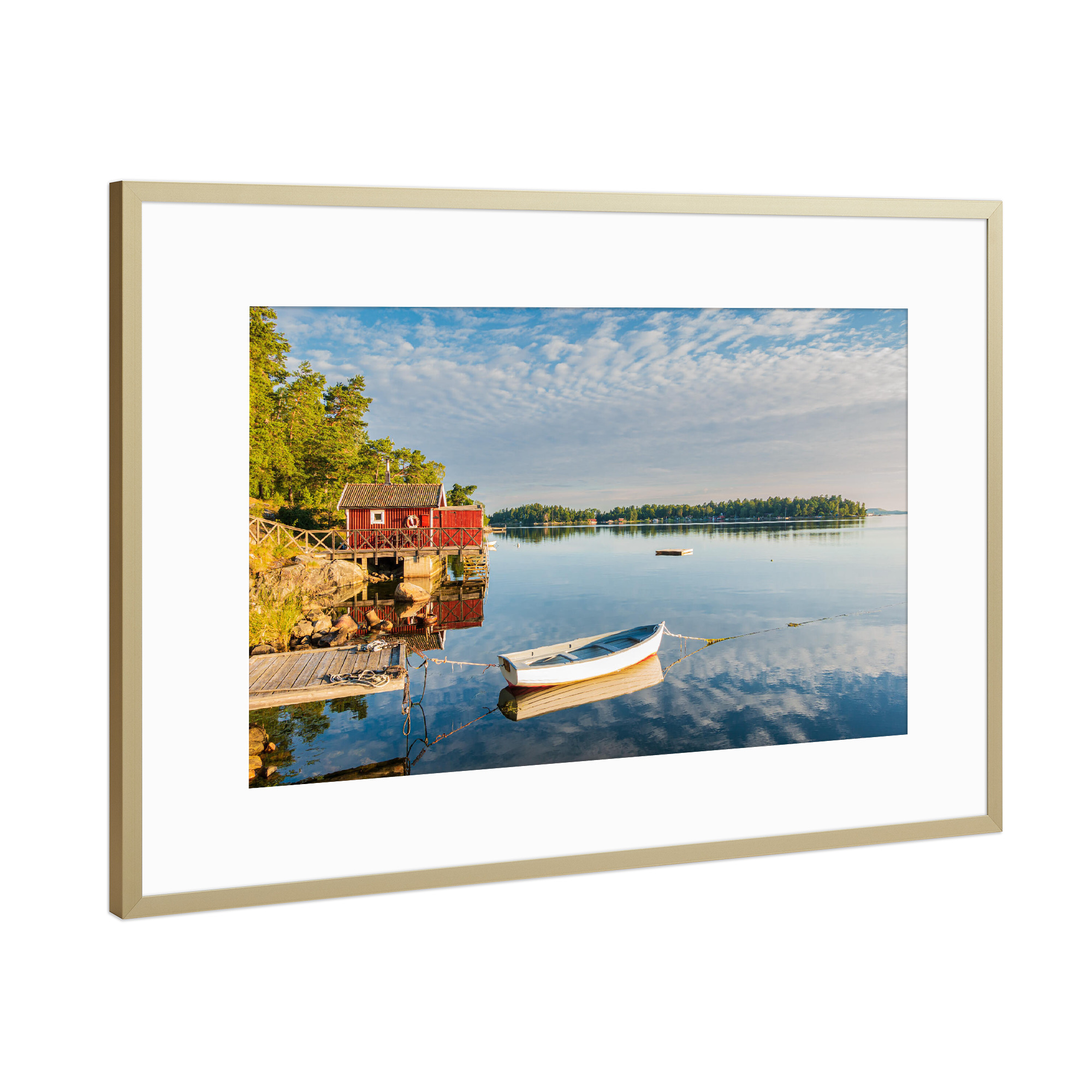 Poster mit Rahmen Gold "Steg, Boot und Schärengarten" artboxONE - Natur,Reise,Architektur,Reise / Strand und Meer,Reise / Länder