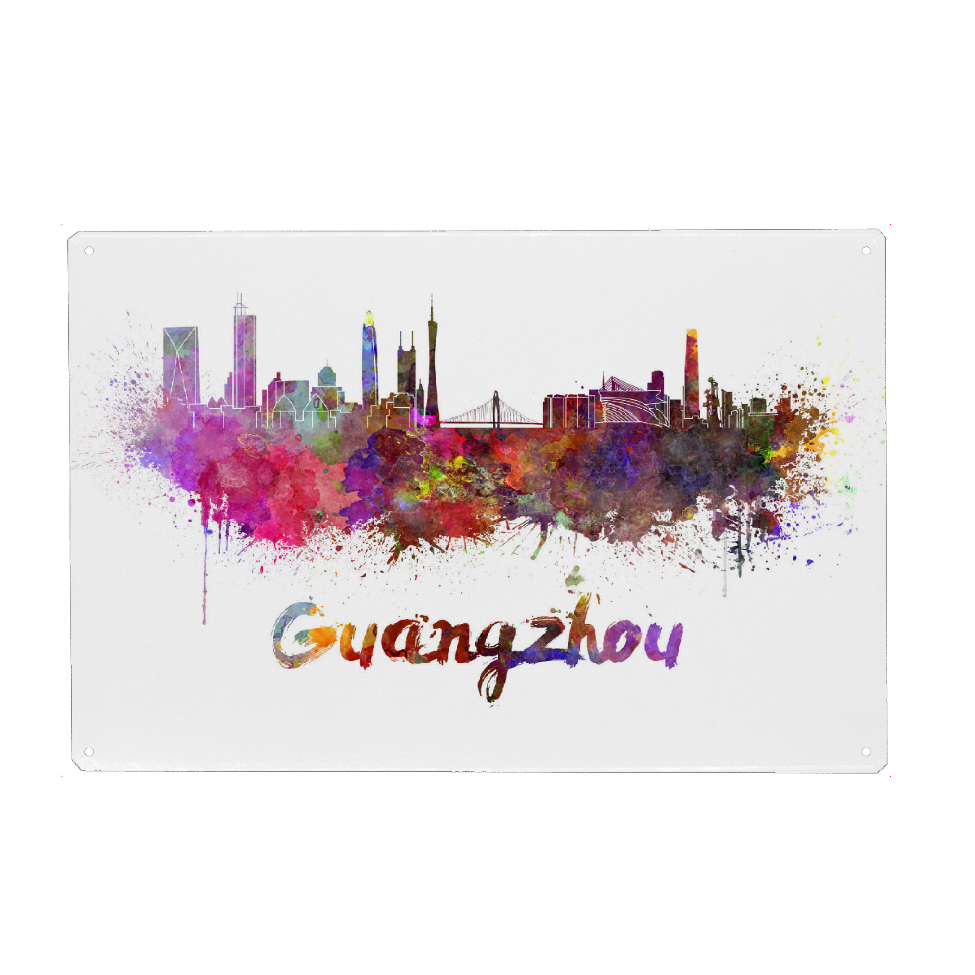Holzbild "GUANGZHOU skyline in watercolor-b" artboxONE - Städte,Abstrakt,Architektur