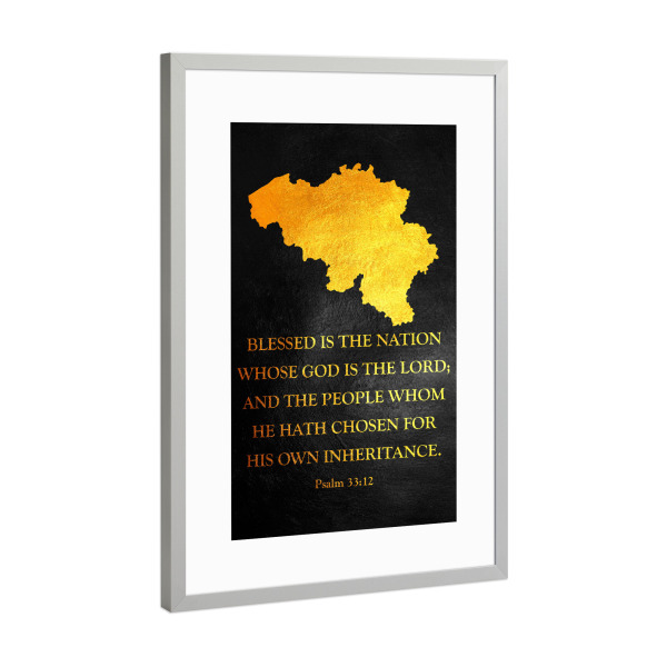 Poster mit Rahmen Silber "Belgium Bible Verse Gold Map" artboxONE - Reise / Länder - Belgium,Gold,Map,Karte