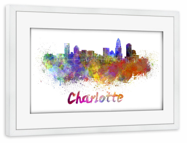 Poster mit Rahmen weiß "CHARLOTTE skyline in watercolor" artboxONE - Städte,Reise,Abstrakt,Architektur