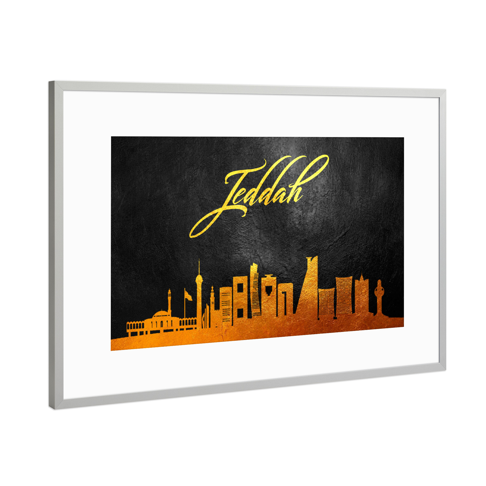 Poster mit Rahmen Silber "Jeddah Saudi Arabia Gold Skyline" artboxONE - Städte - Jeddah,Saudi arabia,Gold,Skyline,City,Stadt