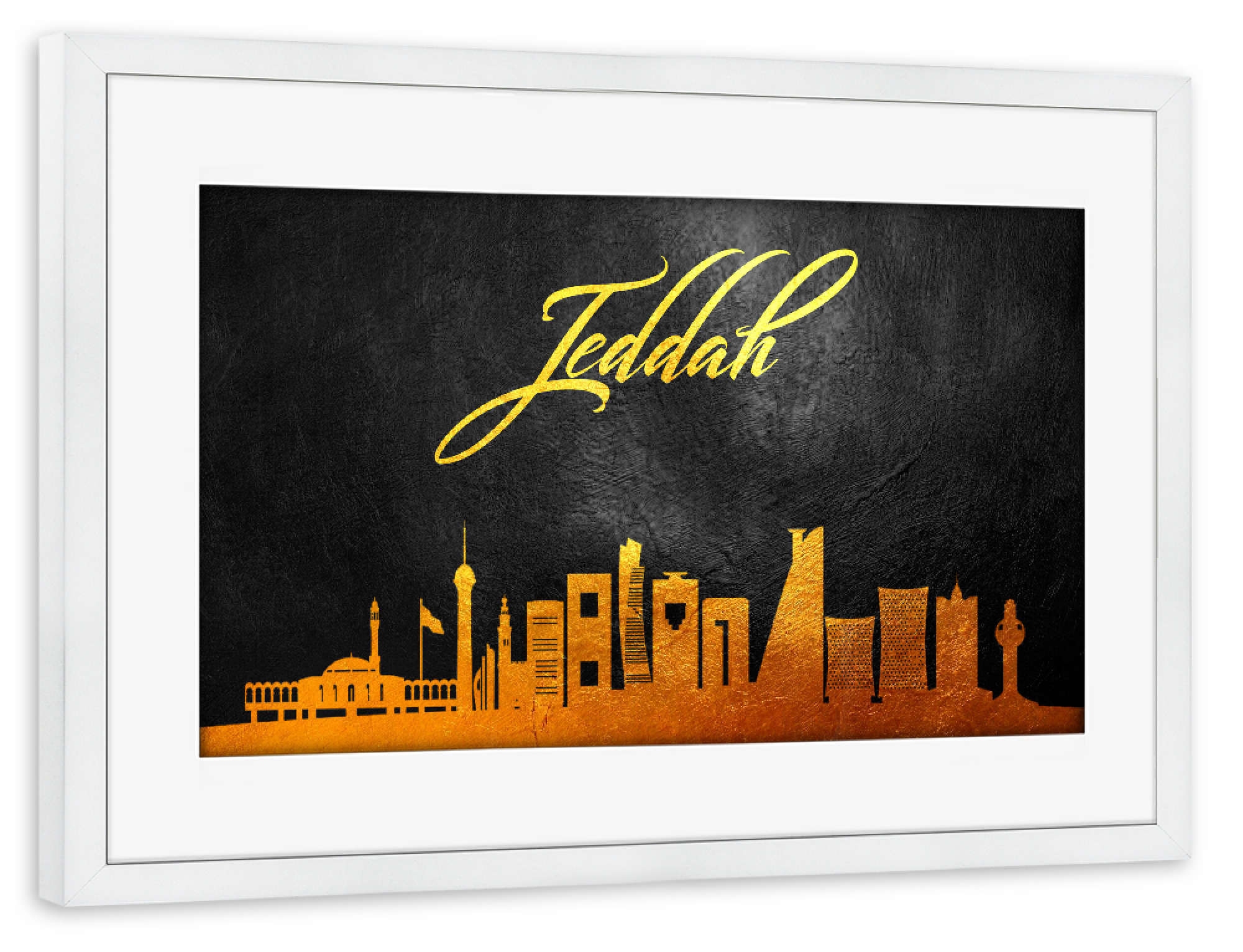 Poster mit Rahmen weiß "Jeddah Saudi Arabia Gold Skyline" artboxONE - Städte - Jeddah,Saudi arabia,Gold,Skyline,City,Stadt