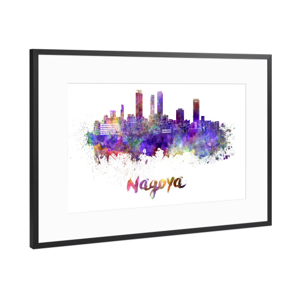 Poster mit Rahmen Schwarz (Metallic) "NAGOYA skyline in watercolor" artboxONE - Städte,Abstrakt,Architektur
