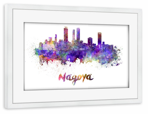 Poster mit Rahmen weiß "NAGOYA skyline in watercolor" artboxONE - Städte,Abstrakt,Architektur