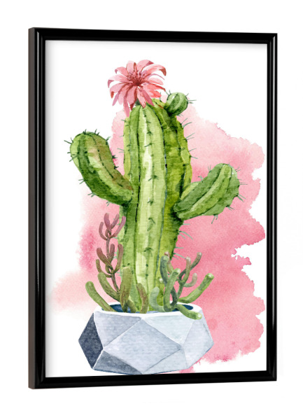 Poster mit schwarzem Rahmen "Kaktus mit Blüte im Topf" artboxONE - Natur,Floral - Kaktus,Grün,Blüte,Blume,Wüste,Stachel,Desert,Cacteen,Plant,Pflanze