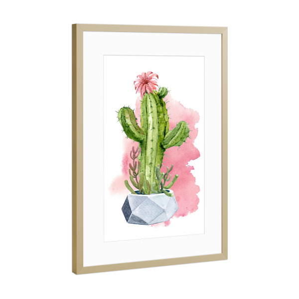 Poster mit Rahmen Gold "Kaktus mit Blüte im Topf" artboxONE - Natur,Floral - Kaktus,Grün,Blüte,Blume,Wüste,Stachel,Desert,Cacteen,Plant,Pflanze