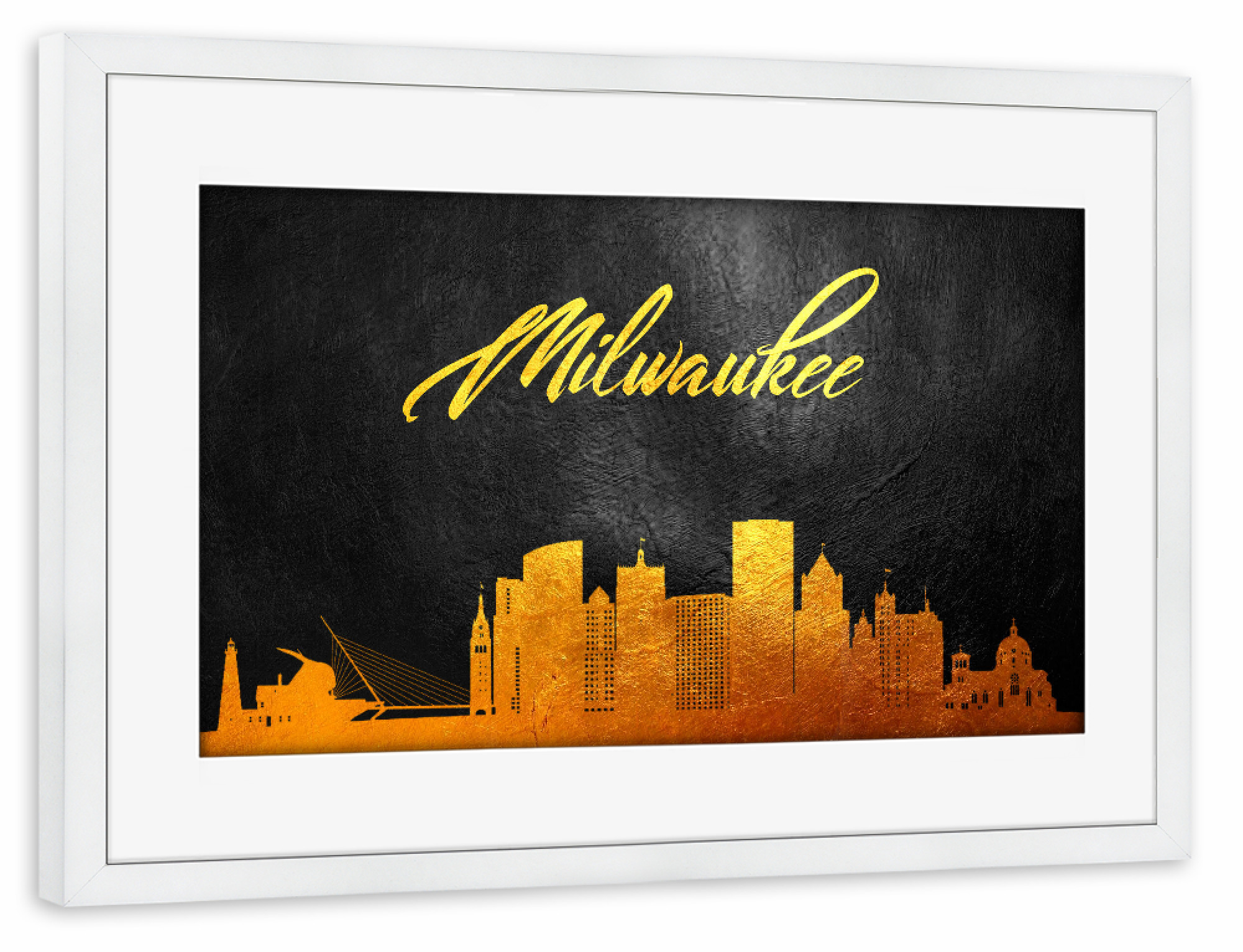 Poster mit Rahmen weiß "Milwaukee Wisconsin Gold Skyline" artboxONE - Städte - Milwaukee,Wisconsin,Gold,Skyline,City,Stadt
