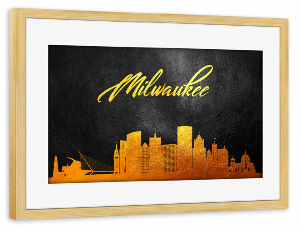 Poster mit Rahmen kiefer "Milwaukee Wisconsin Gold Skyline" artboxONE - Städte - Milwaukee,Wisconsin,Gold,Skyline,City,Stadt