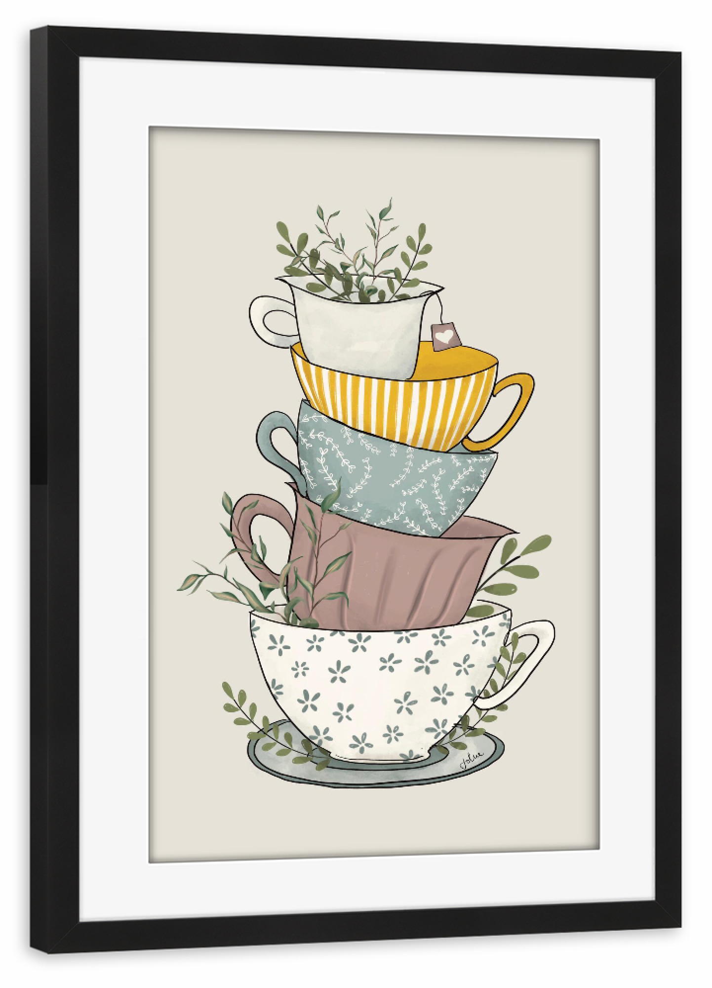 Poster mit Rahmen schwarz "Tassenstapel.jpg" artboxONE - Essen & Trinken - Teacups,Tassen,Geschirr,Illustration,Küche,Tee,Tea,Mugs,Bunt,Colorful
