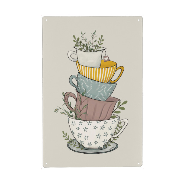 Metall Poster "Tassenstapel.jpg" artboxONE - Essen & Trinken - Teacups,Tassen,Geschirr,Illustration,Küche,Tee,Tea,Mugs,Bunt,Colorful - Blechschild