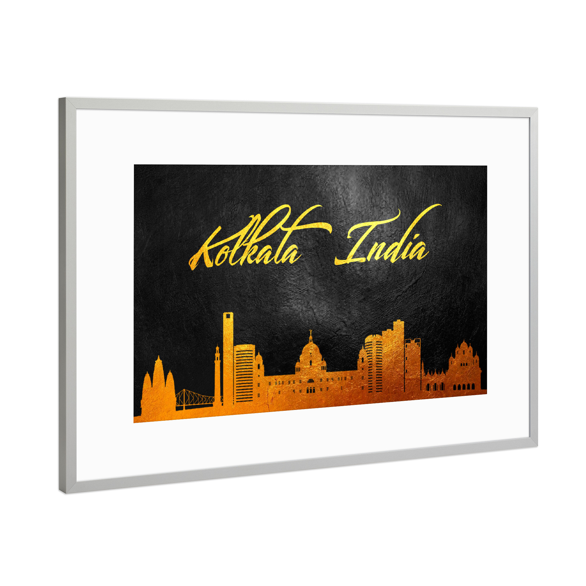 Poster mit Rahmen Silber "Kolkata India Gold Skyline" artboxONE - Städte - Kolkata,India,Gold,Skyline,City,Stadt
