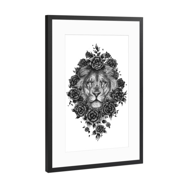 Poster mit Rahmen Schwarz (Metallic) "Lion in flowers" artboxONE - Natur,Floral,Tiere,Für Papa