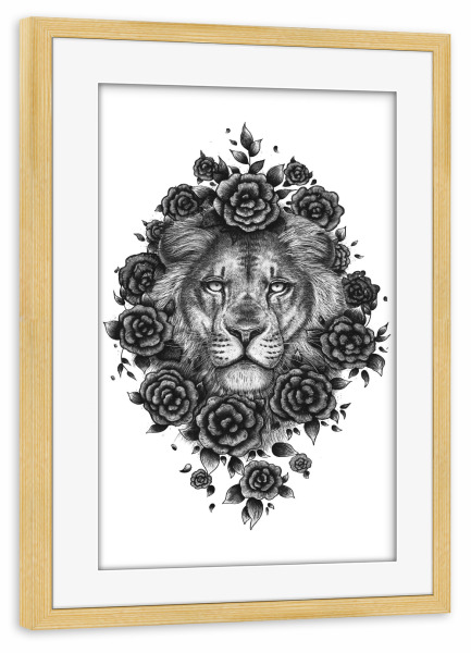 Poster mit Rahmen kiefer "Lion in flowers" artboxONE - Natur,Floral,Tiere,Für Papa