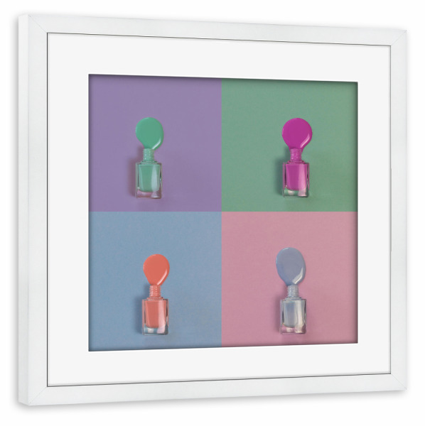 Poster mit Rahmen weiß "Nagellack Collage" artboxONE - Fashion - Pastell,Collage,Nagellack,Beauty,Frauen,Kosmetik,Popart,Fashion,Bunt,Colorful