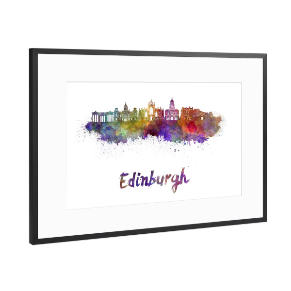 Poster mit Rahmen Schwarz (Metallic) "EDINBURGH-v2 skyline in watercolor" artboxONE - Städte,Abstrakt,Architektur