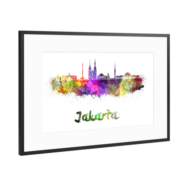 Poster mit Rahmen Schwarz (Metallic) "JAKARTA-v2 skyline in watercolor" artboxONE - Städte,Abstrakt,Architektur