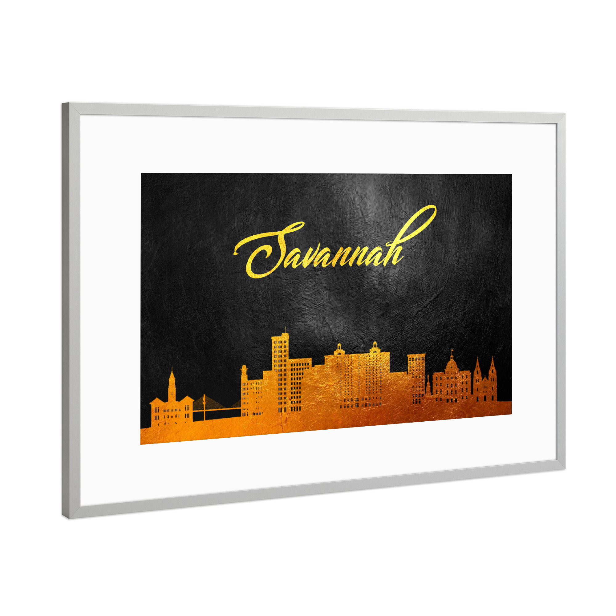 Poster mit Rahmen Silber "Savannah Georgia Gold Skyline" artboxONE - Städte - Savannah,Georgia,Gold,Skyline,City,Stadt