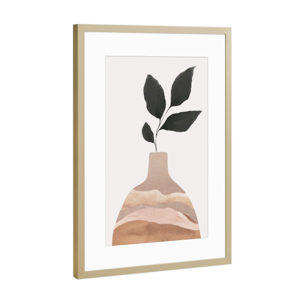Poster mit Rahmen Gold "Clay Vase With Plant" artboxONE - Natur,Floral,Abstrakt - Vase,Plant,Abstract,Minimal,Boho,Abstrakt,Pflanze,Leaves,Blätter