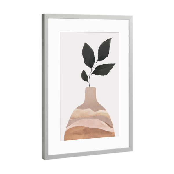 Poster mit Rahmen Silber "Clay Vase With Plant" artboxONE - Natur,Floral,Abstrakt - Vase,Plant,Abstract,Minimal,Boho,Abstrakt,Pflanze,Leaves,Blätter