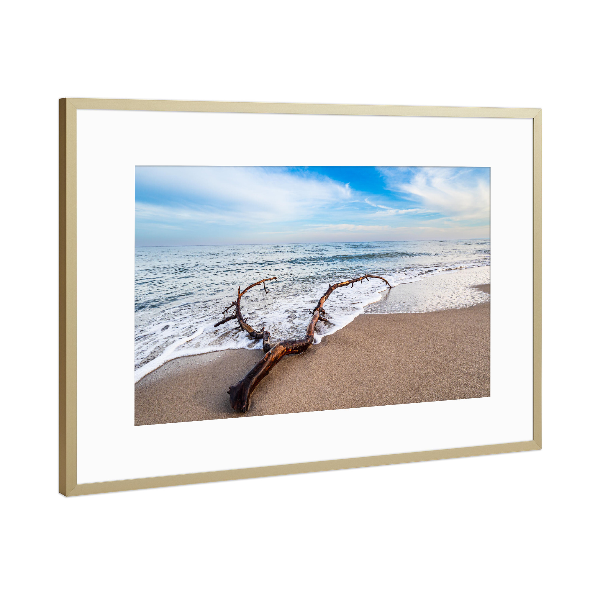 Poster mit Rahmen Gold "Baumstamm, Welle, Meer" artboxONE - Natur,Reise,Reise / Strand und Meer