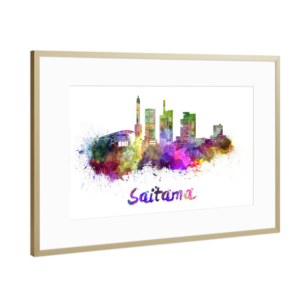 Poster mit Rahmen Gold "SAITAMA skyline in watercolor-k" artboxONE - Städte,Abstrakt,Architektur