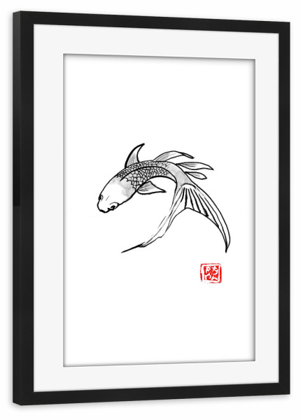 Poster mit Rahmen schwarz "Carp koi turning" artboxONE - Tiere - Fish,Carp,Koi,Sumie,Japan,Minimal,Minimalistisch,Fisch,Schwarzweiß,Blackandwhite