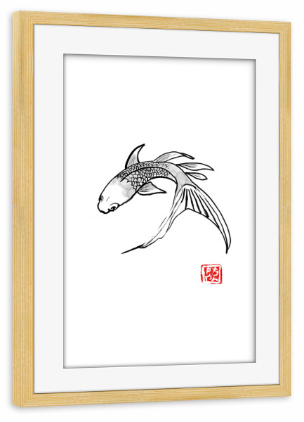Poster mit Rahmen kiefer "Carp koi turning" artboxONE - Tiere - Fish,Carp,Koi,Sumie,Japan,Minimal,Minimalistisch,Fisch,Schwarzweiß,Blackandwhite