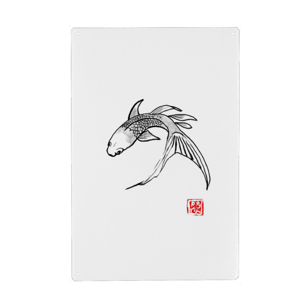 Holzbild "Carp koi turning" artboxONE - Tiere - Fish,Carp,Koi,Sumie,Japan,Minimal,Minimalistisch,Fisch,Schwarzweiß,Blackandwhite