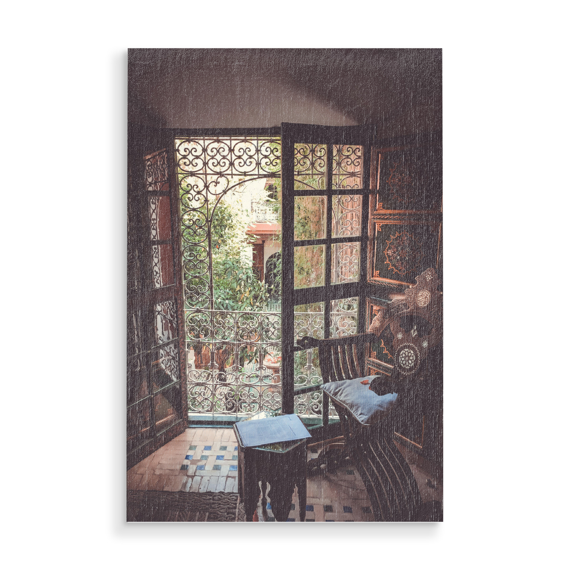 Holzbild "Maroccan Hideaway" artboxONE - Reise,Architektur - Marokko,Marrakesh,Urlaub,Reise,Gemütlich,Fenster,Vacation,Window,Interior,Travel