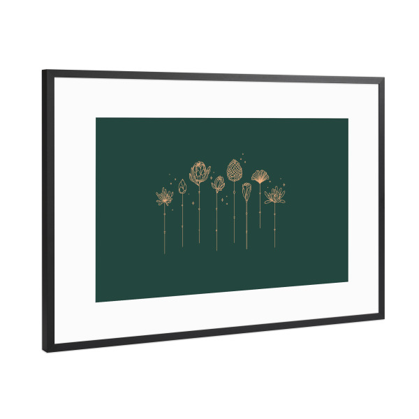 Poster mit Rahmen Schwarz (Metallic) "Art deco line flowers green" artboxONE - Natur,Liebe,Streetart