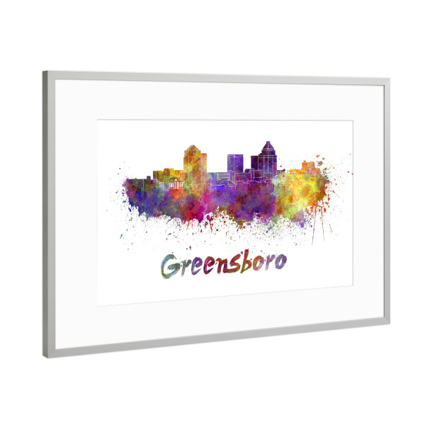 Poster mit Rahmen Silber "GREENSBORO skyline in watercolor-b" artboxONE - Städte,Abstrakt,Architektur