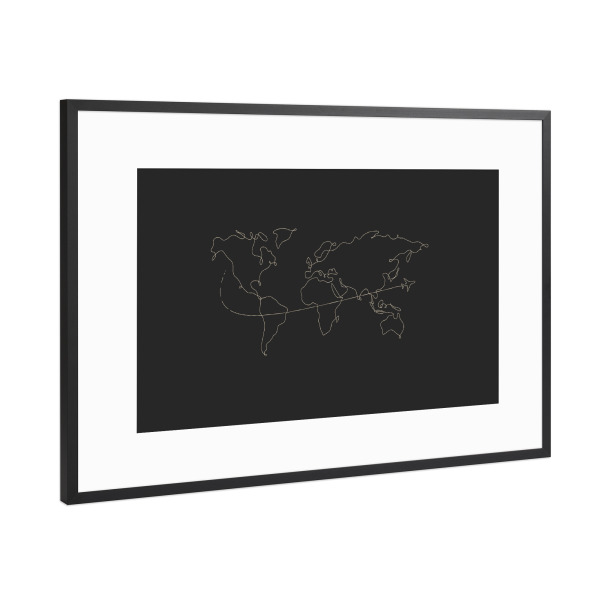 Poster mit Rahmen Schwarz (Metallic) "World map pen line travel black" artboxONE - Natur,Reise,Reise / Länder